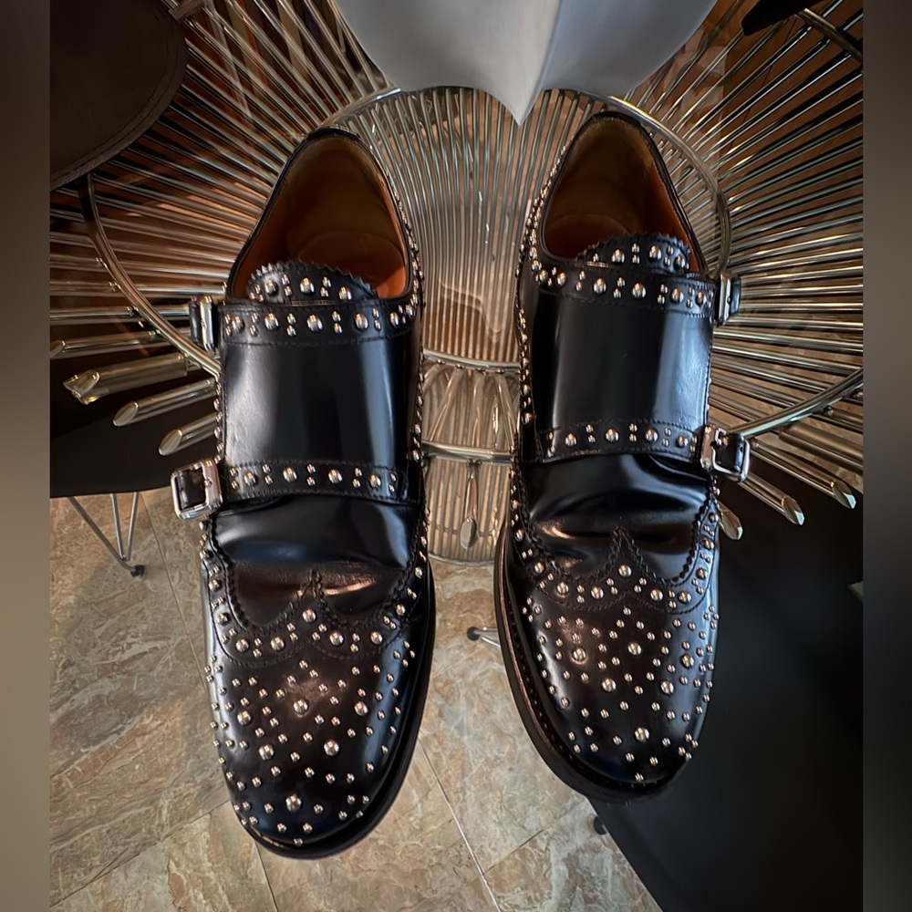 Church's Black Studded Leather Brogue Monk Strap Studded Wingtip Flat Shoes